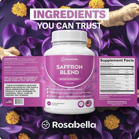 ملحق مزيج Rosabella Saffron للرجال والنساء-الزعفران ، B6 ، كبسولات المستخلصين من المغنيسيوم والمغنيسيوم-يدعم المزاج والتركيز والوضوح-غير المعدلة وراثيا ، خالية من الغلوتين-60 كبسولة-إمدادات 30 يومًا in Kuwait