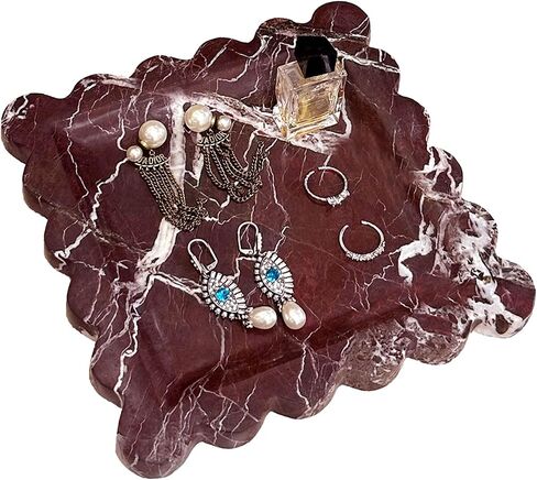 Decorative Marble Vanity Tray, Square with Scalloped Edge, Purple Red and White, Jewelry and Home Decor Organizer (Purple red) in Kuwait