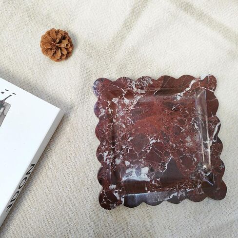 Decorative Marble Vanity Tray, Square with Scalloped Edge, Purple Red and White, Jewelry and Home Decor Organizer (Purple red) in Kuwait