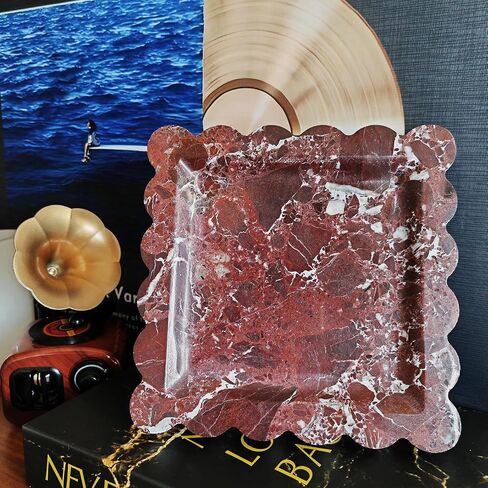Decorative Marble Vanity Tray, Square with Scalloped Edge, Purple Red and White, Jewelry and Home Decor Organizer (Purple red) in Kuwait