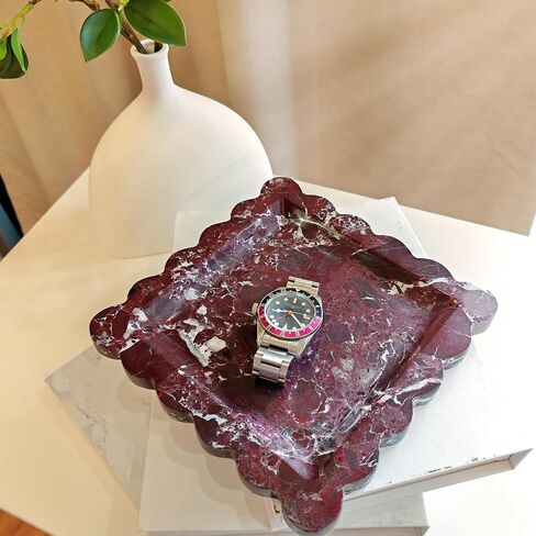 Decorative Marble Vanity Tray, Square with Scalloped Edge, Purple Red and White, Jewelry and Home Decor Organizer (Purple red) in Kuwait
