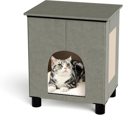 Cat House Indoor, Inside Cats Condo with Washable Plush Cushion, Large Area Cat Scratch Pad with Cat Ball Toy, Indoor Cat House & Condos for Large Cats and Puppy, Grey in Saudi Arabia