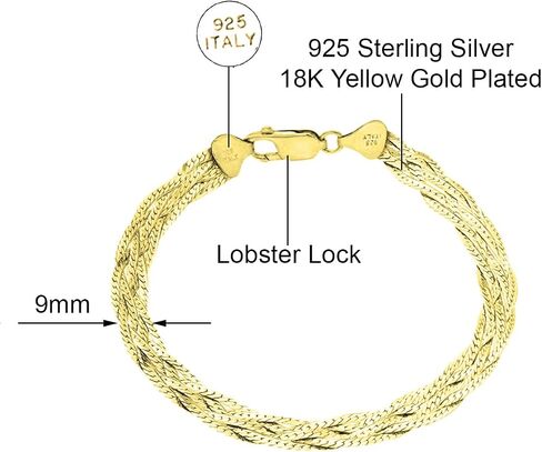Savlano 925 Sterling Silver 9MM Braided Herringbone Chain Bracelet - 18K Gold Plated 7.5 Inch 6-Strand Herringbone Bracelet for Women - Made in Italy Comes Gift Box in Saudi Arabia
