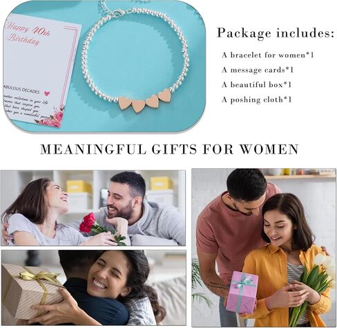 BMMYE 30TH 40th 50th 60th هدايا عيد ميلاد للنساء ، سوار حبة الفضة الاسترليني مع سوار فضي قابل للتعديل لقلب الذهب الوردي للنساء مع بطاقة لأمي ابنة الشقيقة الجدة in Kuwait