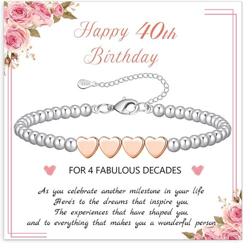 BMMYE 30th 40th 50th 60th 70th Birthday Gifts for Women,Sterling Silver Bead Bracelet with Rose Gold Heart Adjustable Silver Bracelet for Women Birthday Gifts with Card for Mum Daughter Sister Grandma in Kuwait