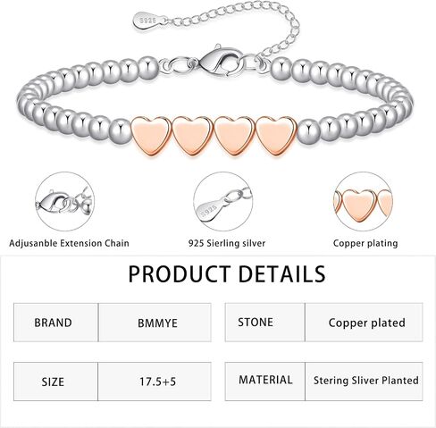 BMMYE 30th 40th 50th 60th 70th Birthday Gifts for Women,Sterling Silver Bead Bracelet with Rose Gold Heart Adjustable Silver Bracelet for Women Birthday Gifts with Card for Mum Daughter Sister Grandma in Kuwait