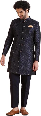 KISAH Men's Wine & Navy Blue Jacquard Indowestern Sherwani & Pajama Set – Regular Fit, Mandarin Collar |Indian Ethnic Wedding & Festive Wear in Kuwait