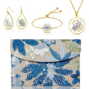 4 Set Blue Floral Evening Clutch Bags Jewelry Set for Women Evening Wedding Embroidery Beaded Purse Handbag Forget Me Not Teardrop Earrings Necklace Bracelet Charm Gift for Party in Saudi Arabia