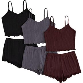 Gorglitter Women's 6 قطع Pajama مجموعة Frill Trim Cami Crop Top مع شورتات الخصر المرنة in Kuwait