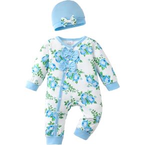Mioglrie Newborn Baby Girl Clothes Long Sleeve Romper Infant Fall Winter Outfits Floral Hat Jumpsuit Preemie Girl Clothes in Kuwait