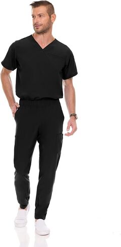 MediChic Men Scrubs Set - Stretch V-Neck Scrub Top with 7-Pocket Pants, Anti-Wrinkle, Yoga Waistband Workwear Scrubs for Men in Kuwait