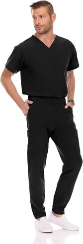 MediChic Men Scrubs Set - Stretch V-Neck Scrub Top with 7-Pocket Pants, Anti-Wrinkle, Yoga Waistband Workwear Scrubs for Men in Kuwait