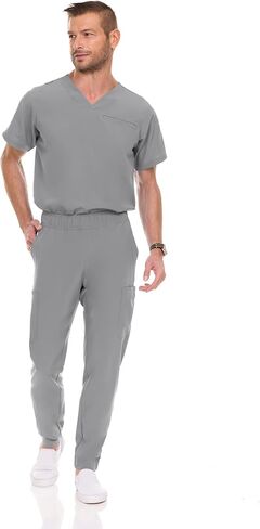 MediChic Men Scrubs Set - Stretch V-Neck Scrub Top with 7-Pocket Pants, Anti-Wrinkle, Yoga Waistband Workwear Scrubs for Men in Kuwait