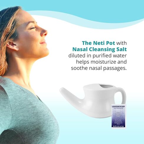 ANCIENT SECRETS Neti Pot & Nasal Cleansing Salt Set - Nasal Irrigation System, Ceramic Nasal Cleansing Pot + Non-Iodized Pure Salt, Sinus Relief, Allergy Nasal Spray Alternative (2 Piece Set) in Kuwait
