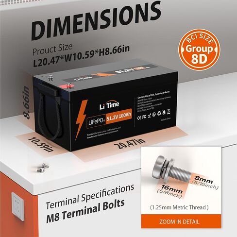 Litime 51.2v 100ah LifePo4 Lithium Battery Group 8D مدمج في 100A BMS وخلايا الصف A ، كحد أقصى. 5120W قوة تحميل ، مع 4000-15000 دورة و 10 سنوات مدى الحياة ، مثالية للمنزل الشمسي ، RV ، خارج الشبكة. in Saudi Arabia