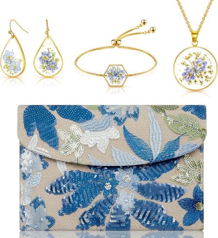 4 Set Blue Floral Evening Clutch Bags Jewelry Set for Women Evening Wedding Embroidery Beaded Purse Handbag Forget Me Not Teardrop Earrings Necklace Bracelet Charm Gift for Party in Saudi Arabia