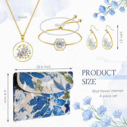 4 Set Blue Floral Evening Clutch Bags Jewelry Set for Women Evening Wedding Embroidery Beaded Purse Handbag Forget Me Not Teardrop Earrings Necklace Bracelet Charm Gift for Party in Saudi Arabia