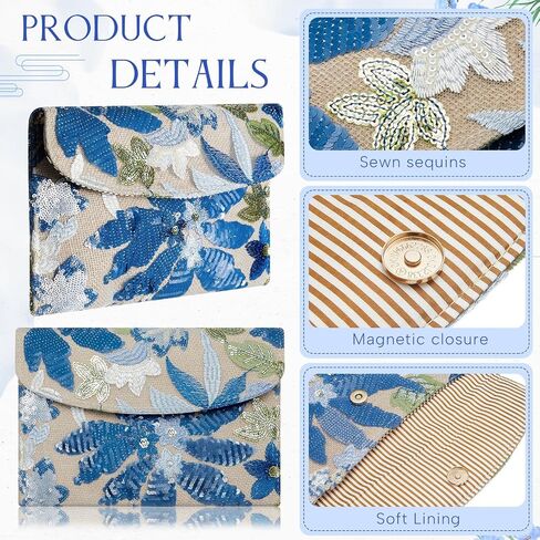 4 Set Blue Floral Evening Clutch Bags Jewelry Set for Women Evening Wedding Embroidery Beaded Purse Handbag Forget Me Not Teardrop Earrings Necklace Bracelet Charm Gift for Party in Saudi Arabia