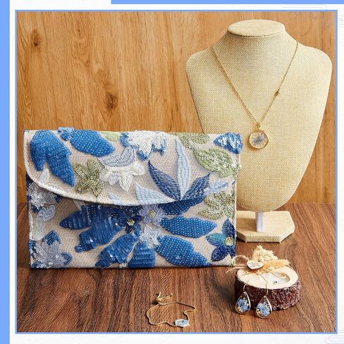4 Set Blue Floral Evening Clutch Bags Jewelry Set for Women Evening Wedding Embroidery Beaded Purse Handbag Forget Me Not Teardrop Earrings Necklace Bracelet Charm Gift for Party in Saudi Arabia