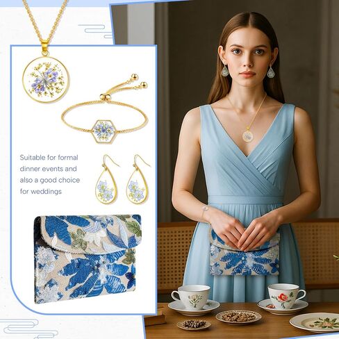4 Set Blue Floral Evening Clutch Bags Jewelry Set for Women Evening Wedding Embroidery Beaded Purse Handbag Forget Me Not Teardrop Earrings Necklace Bracelet Charm Gift for Party in Saudi Arabia