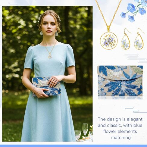 4 Set Blue Floral Evening Clutch Bags Jewelry Set for Women Evening Wedding Embroidery Beaded Purse Handbag Forget Me Not Teardrop Earrings Necklace Bracelet Charm Gift for Party in Saudi Arabia