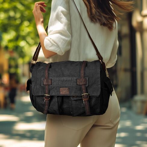حقيبة Messenger Village Leather Vinitage Canvas - 16 '' حقيبة الكتف المصنوعة يدويًا للرجال والنساء ، crossbody للمكتب والسفر in Kuwait
