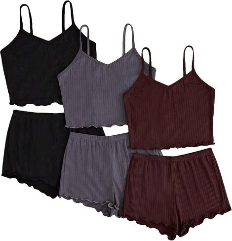 Gorglitter Women's 6 قطع Pajama مجموعة Frill Trim Cami Crop Top مع شورتات الخصر المرنة in Kuwait
