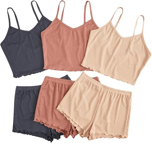 Gorglitter Women's 6 قطع Pajama مجموعة Frill Trim Cami Crop Top مع شورتات الخصر المرنة in Saudi Arabia