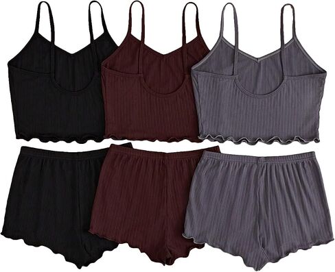Gorglitter Women's 6 قطع Pajama مجموعة Frill Trim Cami Crop Top مع شورتات الخصر المرنة in Kuwait