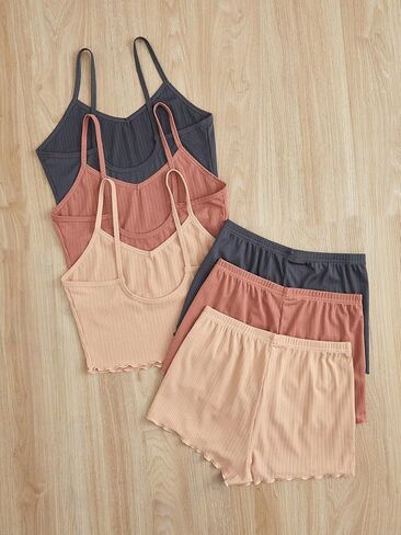Gorglitter Women's 6 قطع Pajama مجموعة Frill Trim Cami Crop Top مع شورتات الخصر المرنة in Saudi Arabia