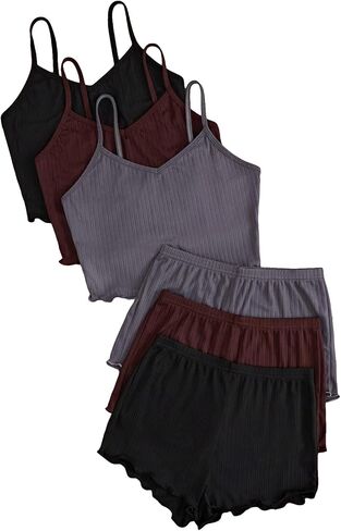Gorglitter Women's 6 قطع Pajama مجموعة Frill Trim Cami Crop Top مع شورتات الخصر المرنة in Kuwait
