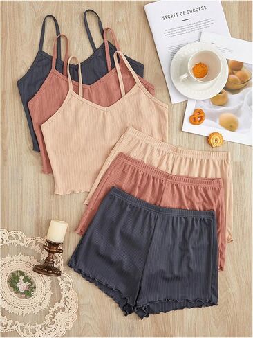 Gorglitter Women's 6 قطع Pajama مجموعة Frill Trim Cami Crop Top مع شورتات الخصر المرنة in Saudi Arabia