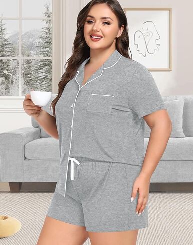Women's Plus Size Pajamas Button Down Shirt and Shorts 2 Piece Pj Lounge Sets Short Sleeve Sleepwear Soft Loungewear in Kuwait