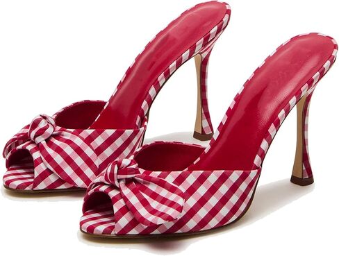 Mule Heels for Women Fashionable Open Toe Slip-On with Plaid Design and Elegant Bow Dressy Party Wear in Kuwait
