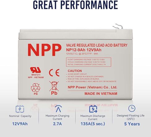 NPP 12V 9Ah Rechargeable AGM SLA Battery with F2 Terminals for APC UPS, Razor E200 / E200s / E225 / E300, Cyberpower Backup System, Electric Scooter, Rid Toy in Kuwait