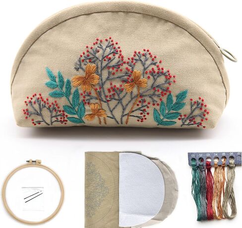 FONNUY Embroidery Kit Makeup Bag for Beginners, Flowers Pre-Stamped Pattern Handbag Coin Purses Making Kits for Adults with Hoop, Easy to Follow Color Thread Needlework (Grey) in Kuwait