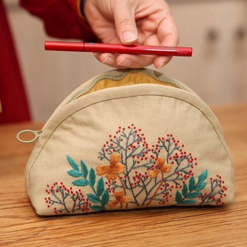 FONNUY Embroidery Kit Makeup Bag for Beginners, Flowers Pre-Stamped Pattern Handbag Coin Purses Making Kits for Adults with Hoop, Easy to Follow Color Thread Needlework (Grey) in Kuwait