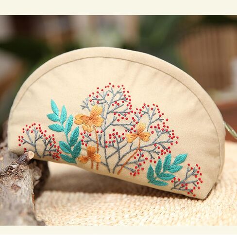 FONNUY Embroidery Kit Makeup Bag for Beginners, Flowers Pre-Stamped Pattern Handbag Coin Purses Making Kits for Adults with Hoop, Easy to Follow Color Thread Needlework (Grey) in Kuwait
