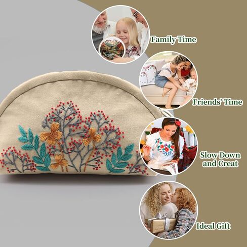 FONNUY Embroidery Kit Makeup Bag for Beginners, Flowers Pre-Stamped Pattern Handbag Coin Purses Making Kits for Adults with Hoop, Easy to Follow Color Thread Needlework (Grey) in Kuwait