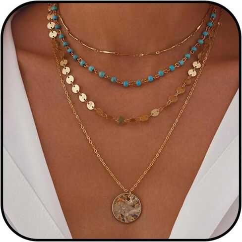 Boho & Western Turquoise Deded Deledclace للنساء - مصنوعة يدويًا مجوهرات متعددة الطبقات قابل للتعديل يدويًا in Kuwait