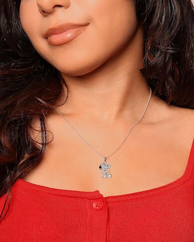 PEANUTS Snoopy Necklace for Women Official License, 16+2 Silver Flash-Plated Heart Necklace with Pink Glitter and Crystal in Kuwait