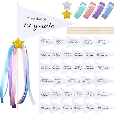 TaoBary 34 Packs First Day of School Flag DIY Back to School Pennants Last Day Pennants Flag Reusable 17 Grades Photo Prop with Stars and Stick for Preschool to College Welcome Classroom Decoration in Saudi Arabia
