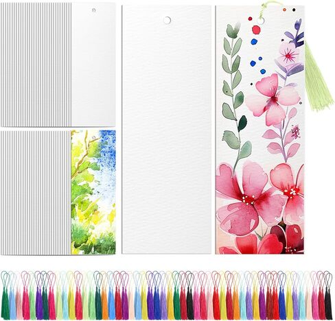 100 Pcs Watercolor Paper Blank Bookmarks with Colorful Tassels DIY Book Marks Kit Cotton Watercolor Paper Bookmarks with Hole Bookmark Pad for DIY Classroom and Gifts Tags, 5.5 x 2 Inches in Kuwait