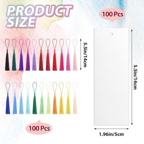 100 Pcs Watercolor Paper Blank Bookmarks with Colorful Tassels DIY Book Marks Kit Cotton Watercolor Paper Bookmarks with Hole Bookmark Pad for DIY Classroom and Gifts Tags, 5.5 x 2 Inches in Kuwait