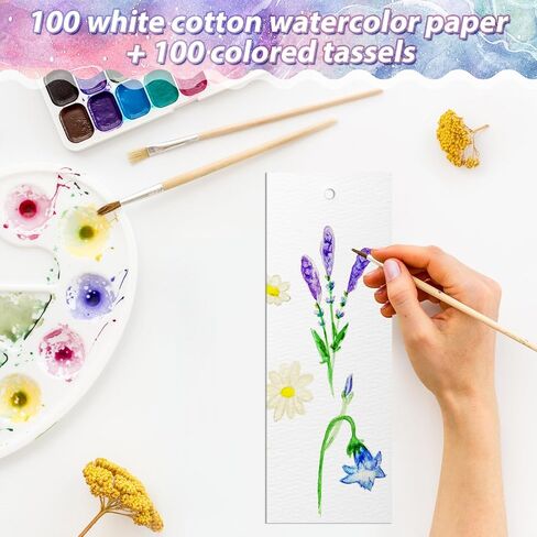 100 Pcs Watercolor Paper Blank Bookmarks with Colorful Tassels DIY Book Marks Kit Cotton Watercolor Paper Bookmarks with Hole Bookmark Pad for DIY Classroom and Gifts Tags, 5.5 x 2 Inches in Kuwait