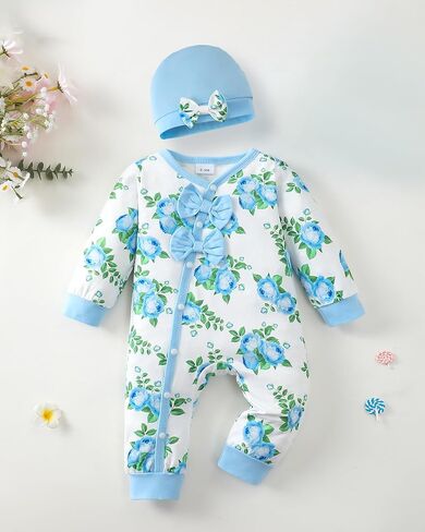 Mioglrie Newborn Baby Girl Clothes Long Sleeve Romper Infant Fall Winter Outfits Floral Hat Jumpsuit Preemie Girl Clothes in Kuwait