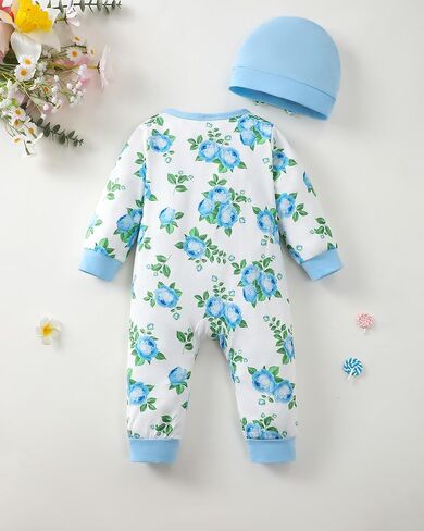 Mioglrie Newborn Baby Girl Clothes Long Sleeve Romper Infant Fall Winter Outfits Floral Hat Jumpsuit Preemie Girl Clothes in Kuwait