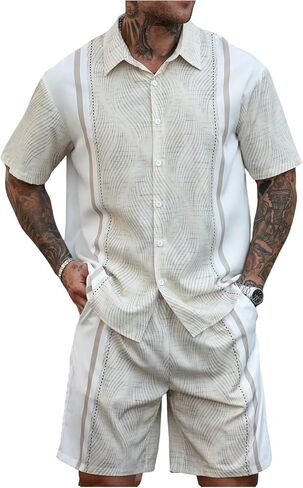 GORGLITTER Men's 2 Piece Outfits Button Down Color Block Short Sleeve Cuban Shirts and Beach Shorts Set in Saudi Arabia