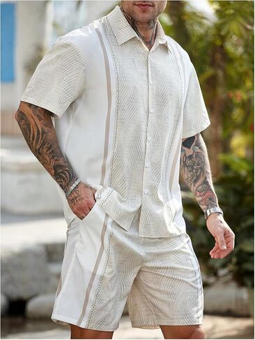 GORGLITTER Men's 2 Piece Outfits Button Down Color Block Short Sleeve Cuban Shirts and Beach Shorts Set in Saudi Arabia