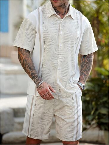 GORGLITTER Men's 2 Piece Outfits Button Down Color Block Short Sleeve Cuban Shirts and Beach Shorts Set in Saudi Arabia